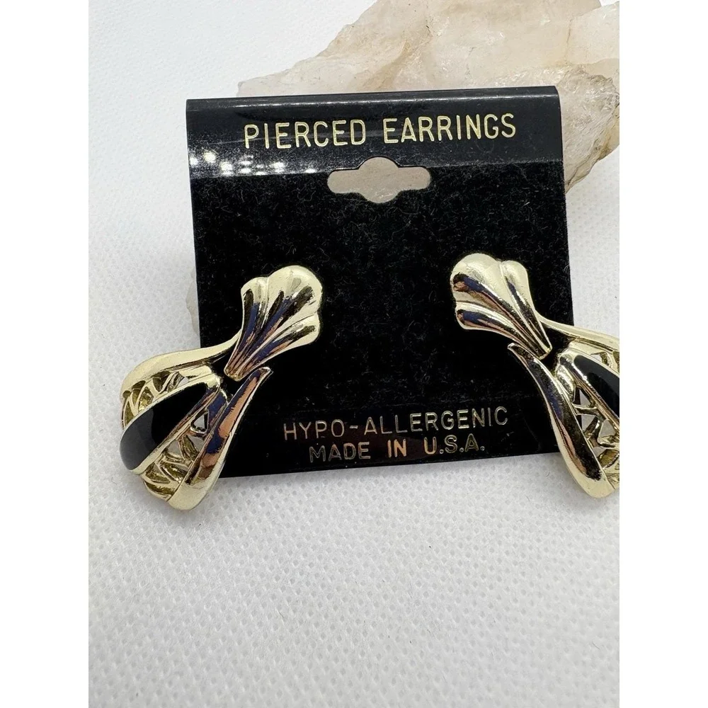 Vintage Gold Tone Pierced Earrings Hypoallergenic Black Accent Hinged USA Dangle